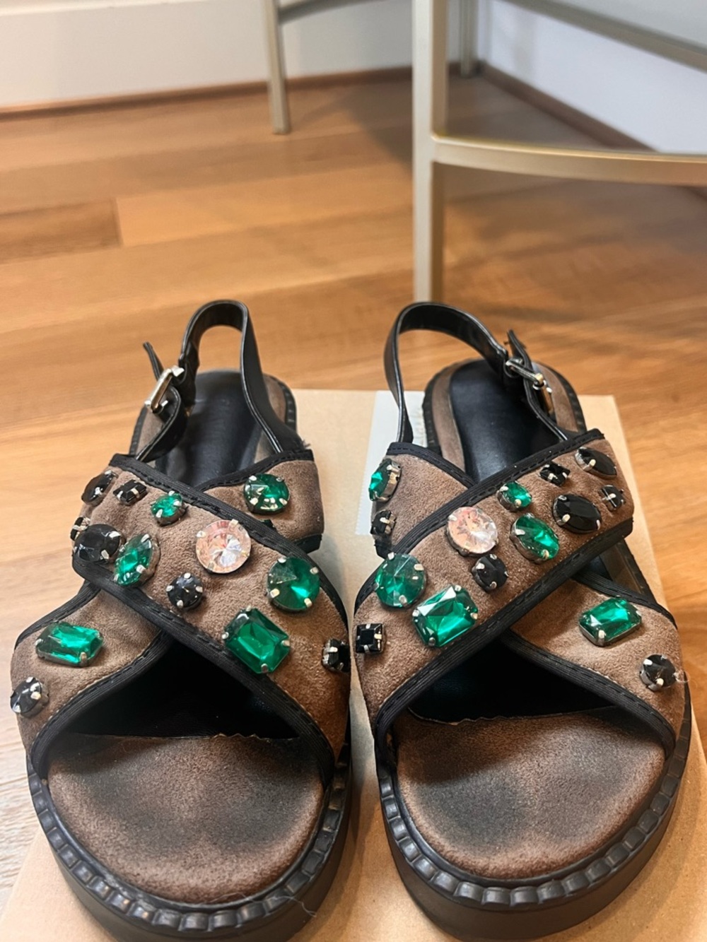 Hotic Embellished Brown Suede Gem Slingback chunky Sandals -  size 8